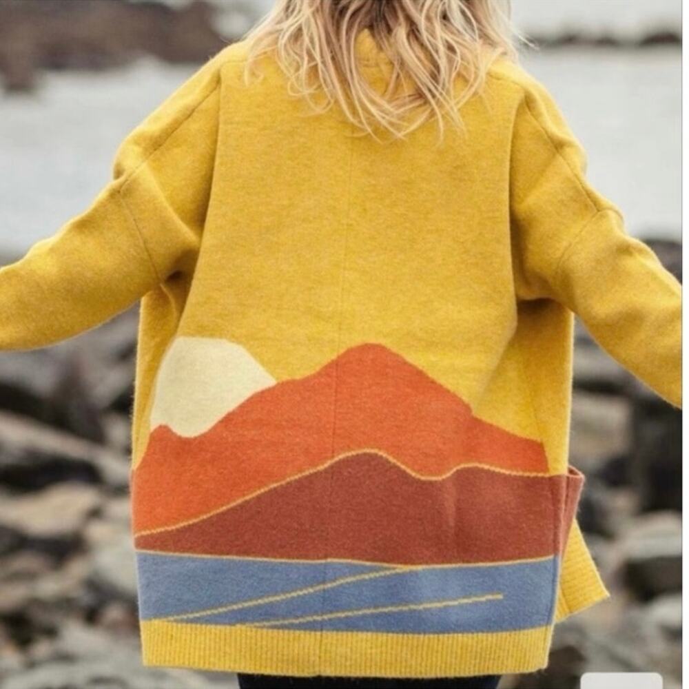 Passenger Made to Roam Landscape Open Front Cardigan Sweater Wool Blend Large
